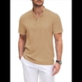 thumbnail image 2 of Camiseta Informal Henley de Corta con Cuello Mao para Hombre, Camiseta Texturizada de Playa para Verano. Caqui L, 2 of 9