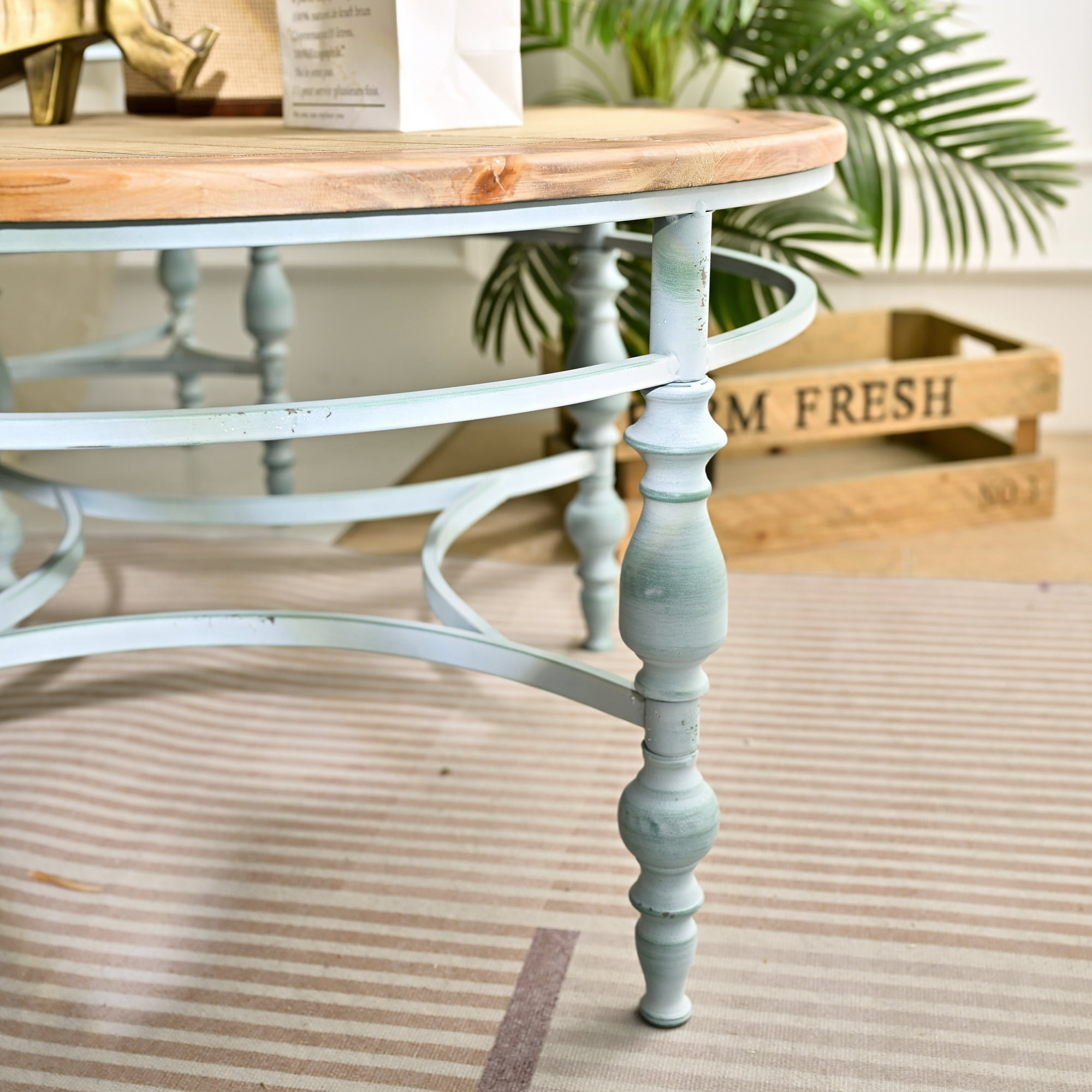 Leumius 31.50" Accent Rustic Carved Coffee Table, Round Wooden Top Metal Leg Round End Table for Living Room
