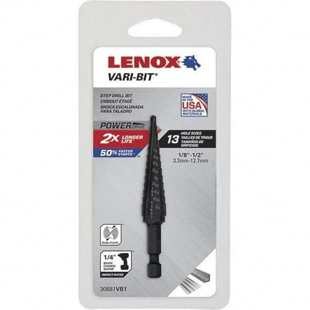 

Lenox 13 Hole Sizes 1/8 to 1/2 Hole Diam HSS Split Point Step Drill Bit 1/32 Step Length 1/4 Round Shank with Flats Oxide Finish