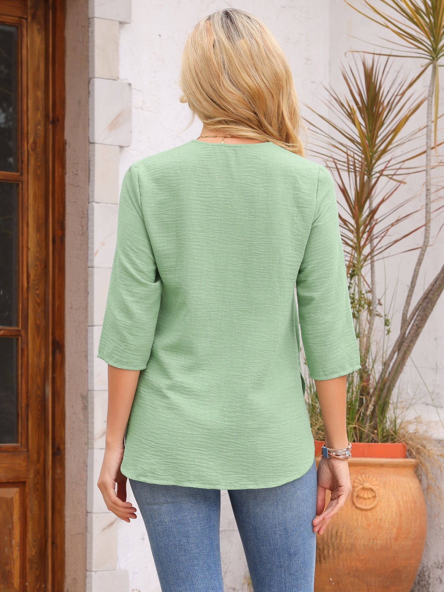 DARING DIVA Women's Embroidery V Neck 3/4 Sleeve Casual Tunic Side Split Blouse L Green