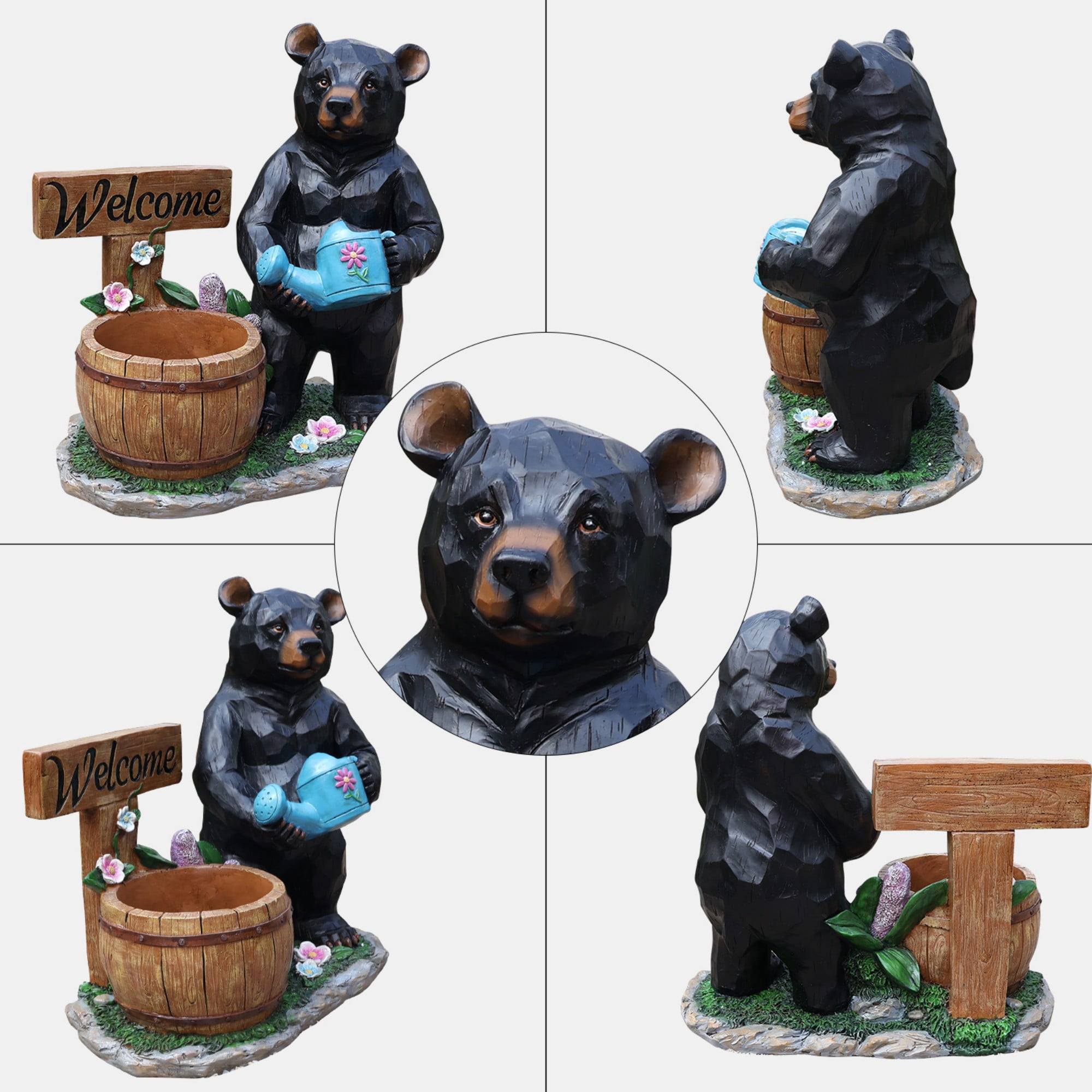 Bear Garden Statue, Black Resin Flower Pot Planter with Welcome Sign for Patio Yard