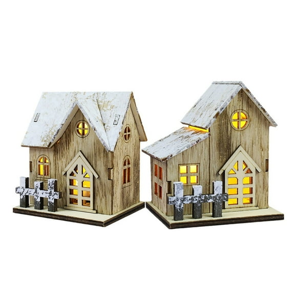 2Pcs Christmas Decors Wooden LED Illuminated Cabin Atmosphere Light Decors