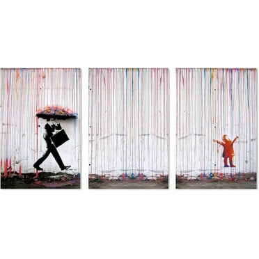 Banksy Canvas Wall Art: Colorful Rain Graffiti Poster, Framed Pop Street Graffiti Wall Decor, 3 Pieces Banksy Painting Picture Artwork for Bedroom Living Room 16" x 24"