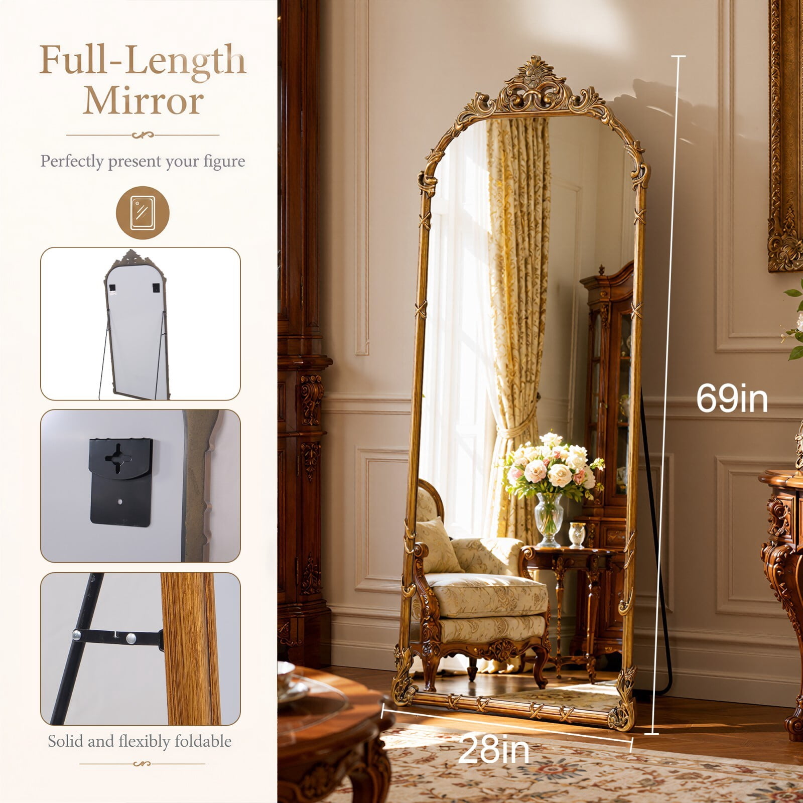 Easy4Home 69"x28" Arched Full-Length Floor Mirror Baroque Scroll Carved Standing Mirror, Antique Gold
