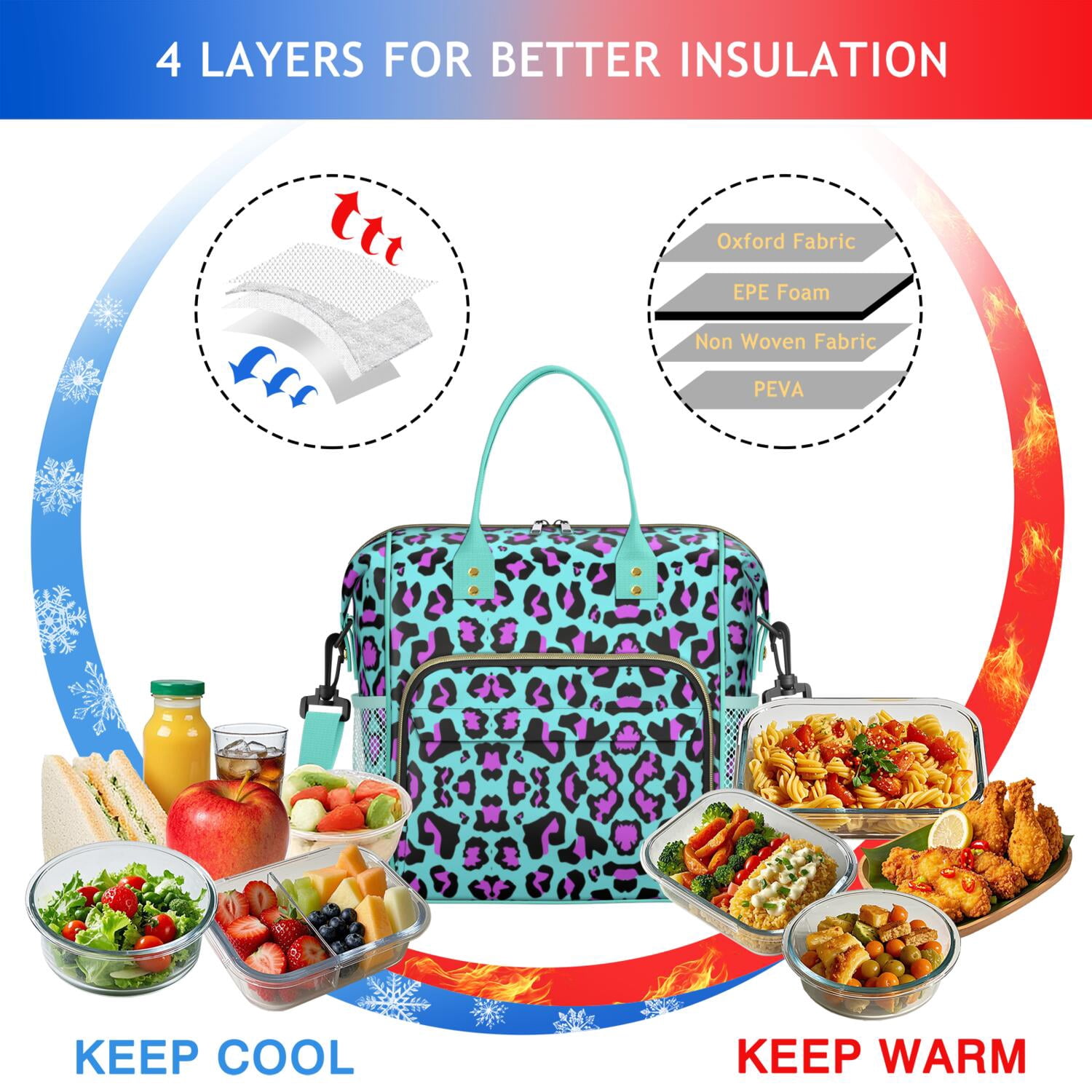 Cute Leopard Spots Insulated Lunch Bag – Reusable Cheetah Pattern Cooler Tote for Women, Leakproof Dual Compartment Design for Work, Travel