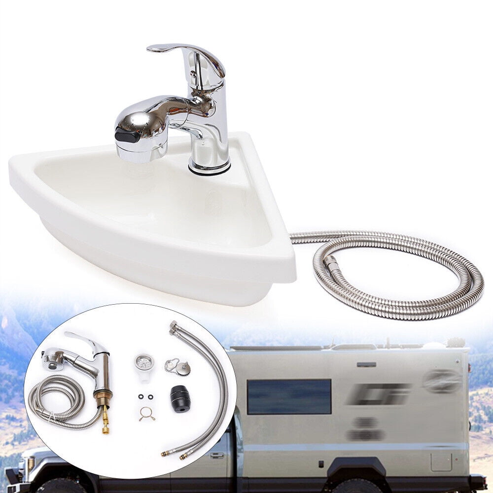 Wall Mount Corner Bathroom Sink White Acrylic Triangle Sink With Faucet Vanity Single Bowl Sink for Boat Caravan Rv Camper Kitchen Bathroom Lavatory