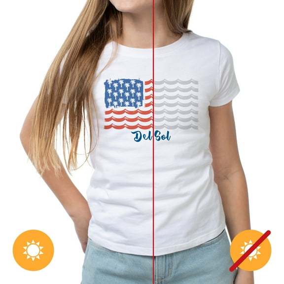 Del Sol Women's Crew Tee - Tropical Americana, White T-Shirt - Changes from Gray to Red, White & Blue colors in the Sun - 100% Combed, Ring-Spun Cotton, Fine Jersey