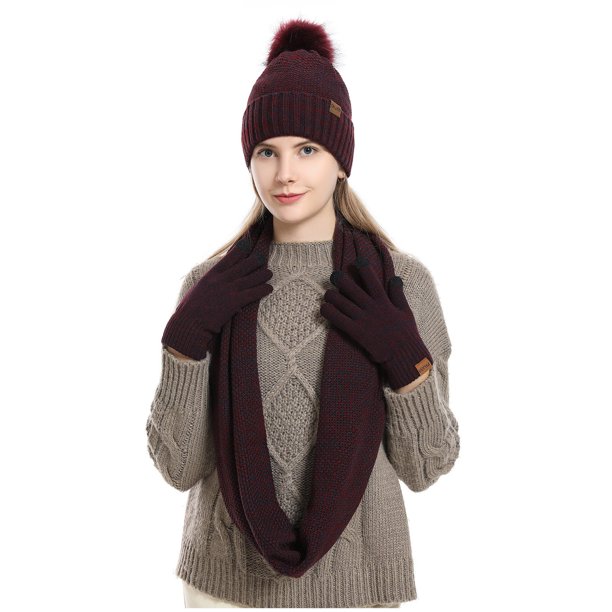 Sombreros de mujer de moda casual de invierno que mantienen el calor sólido conjunto de gorro de punto bufanda guante mujer sombrero de acrílico