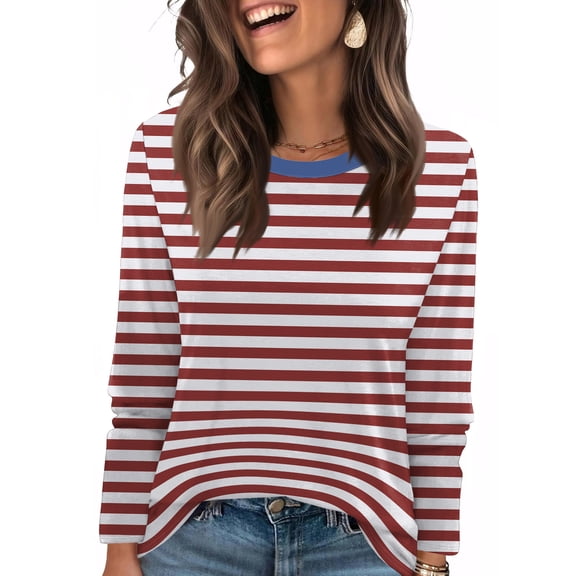 Resicozy Long Sleeve Shirts for Women 2025 Trendy Fall Striped Tops Dressy Casual Crewneck Tunic Blouses Loose Fit Tshirts Wine L