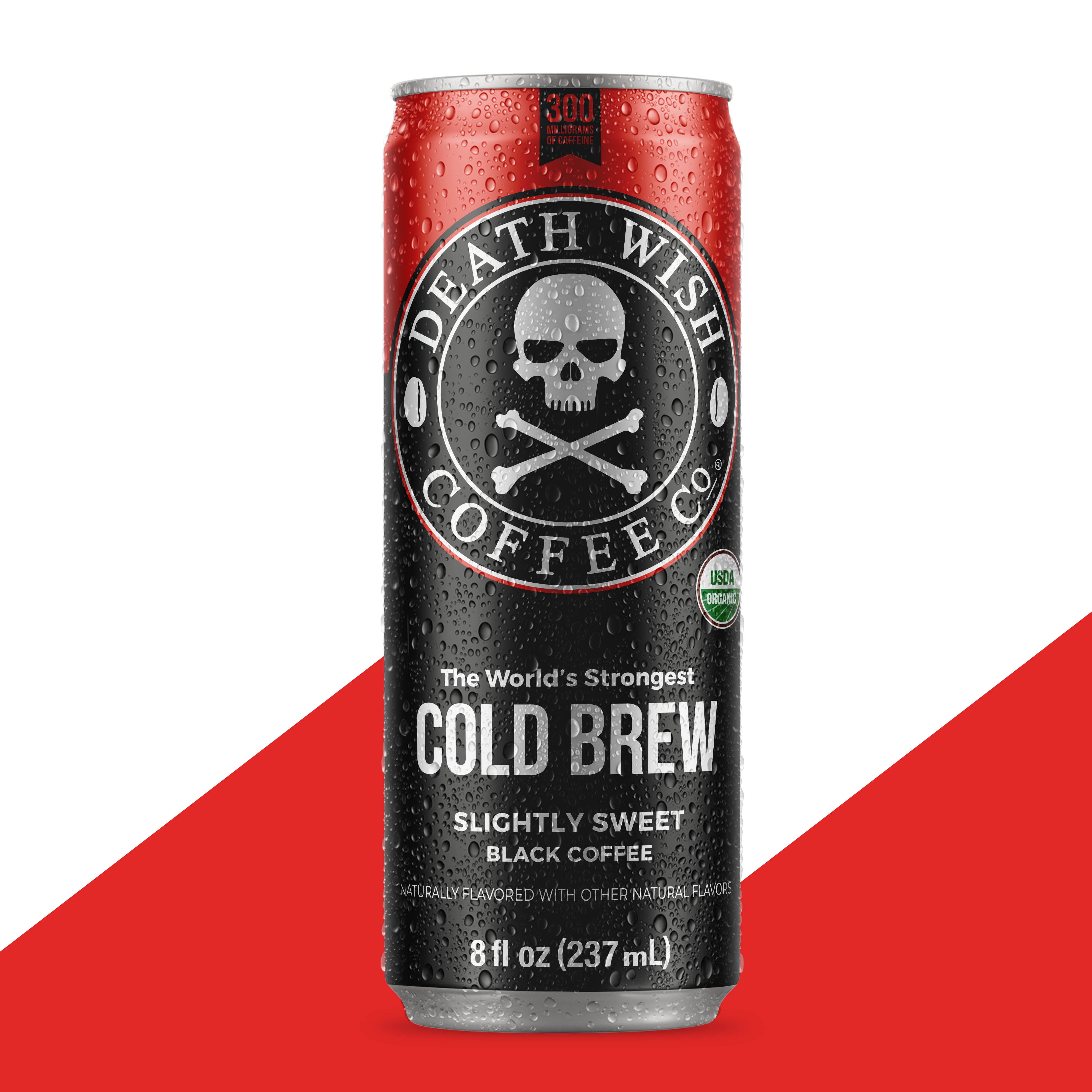 DEATH WISH COFFEE Canned Organic Iced Cold Brew, Slightly Sweetened Black [8 fl oz 4 pack