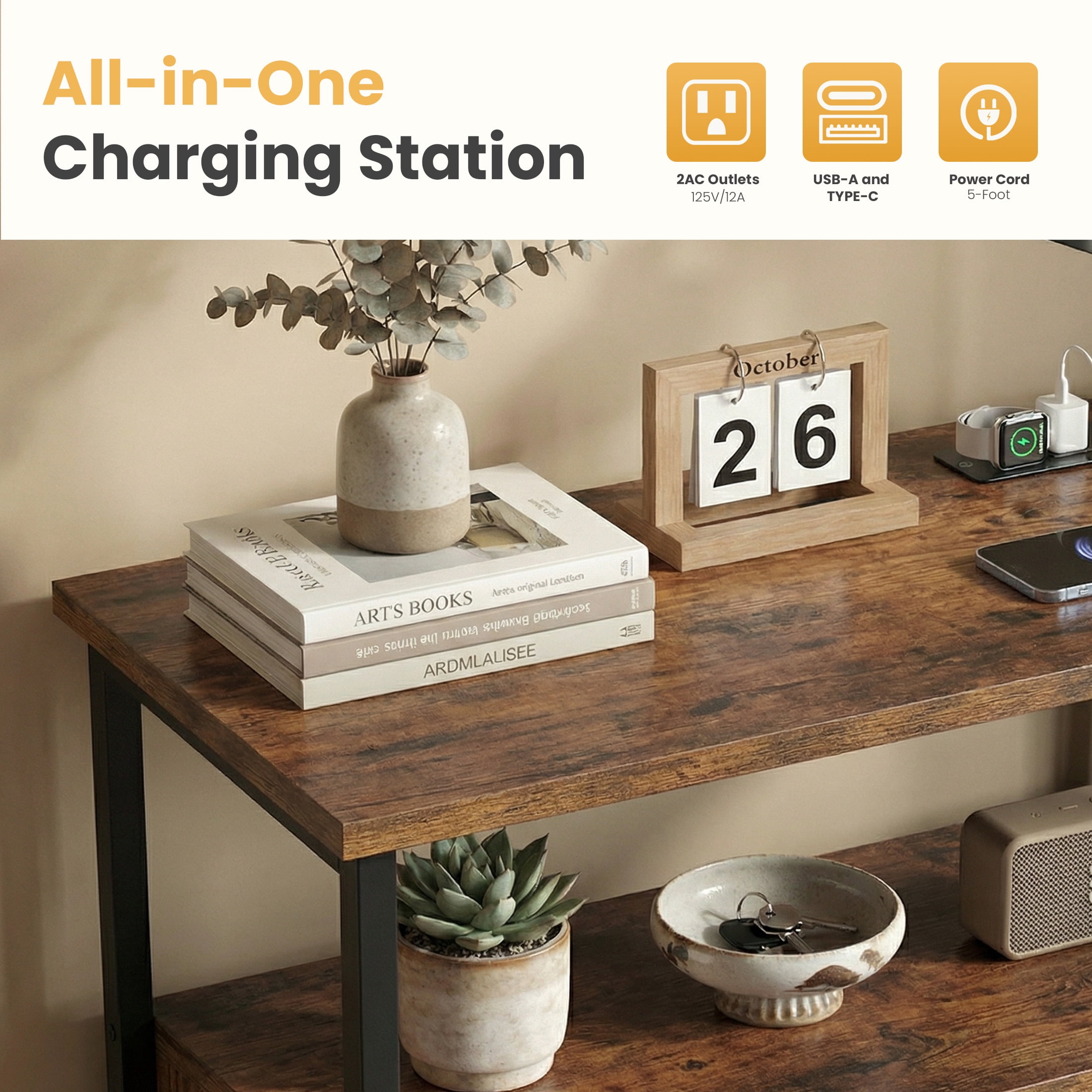 edx 5 Drawers TV Stand Dresser for 45" TV, Media Console with Charging Station & 2 Shelves, Storage Organizer for Bedroom Living Room, Rustic Brown