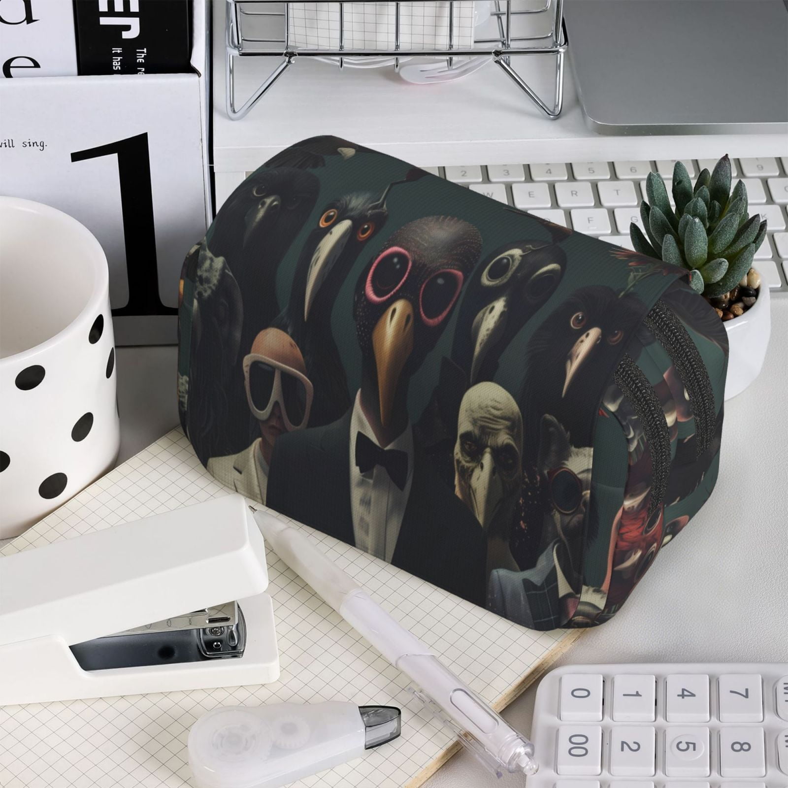 Rateoe Stylish Avian Gathering Pattern Double Clamshell Pen Case, Storage Organizer with Two Zipper Compartments– Holds Up to 50 Pencils & Pens