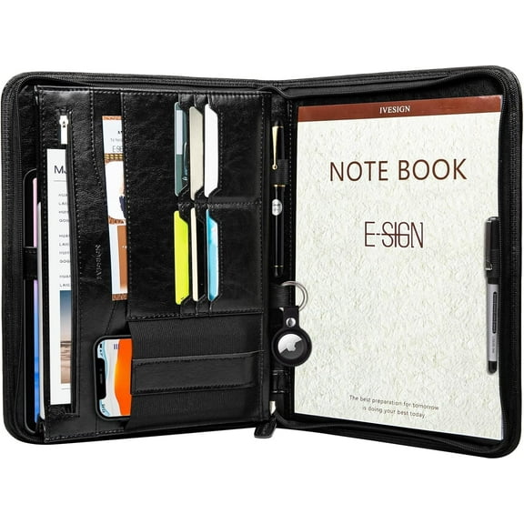 Zippered Padfolio for Women & Men Resume Portfolio Folder Vegan Leather Salesman Business Organizer Planner,with Writing Pad Interior 10.1 Inch Tablet Sleeve Black