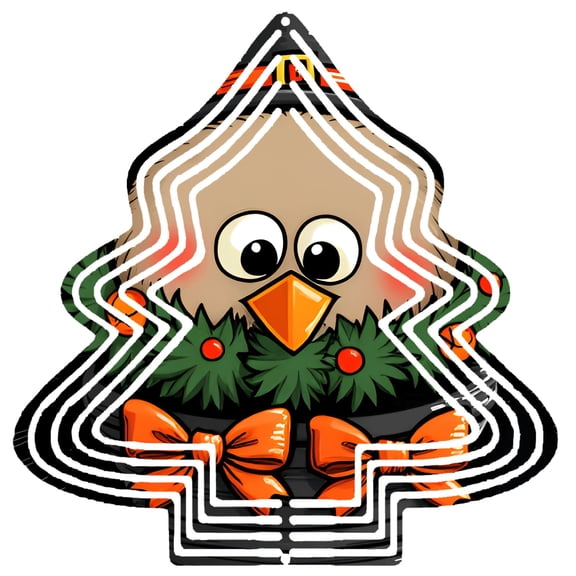 Stylized Metal Hanging Christmas Tree Wind Spinner - Cheerful Bird Face Green Foliage & Red Ornaments Perfect for Garden Decor