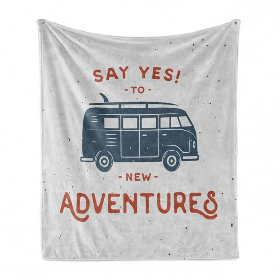 Vintage Soft Flannel Fleece Throw Blanket, New Adventures Typography with Little Van Hippie Lifestyle Free Print, Cozy Plush for Indoor and Outdoor Use, 60" x 80", Cadet Blue White, by Ambesonne