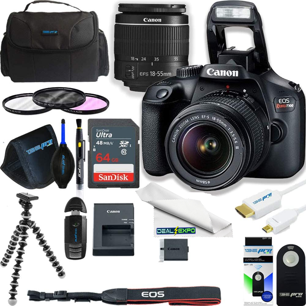 Canon EOS Rebel T100 Digital SLR Camera with 18-55mm Lens Kit +  Deal - expo Essential Accessories Bundle - image 1 of 4