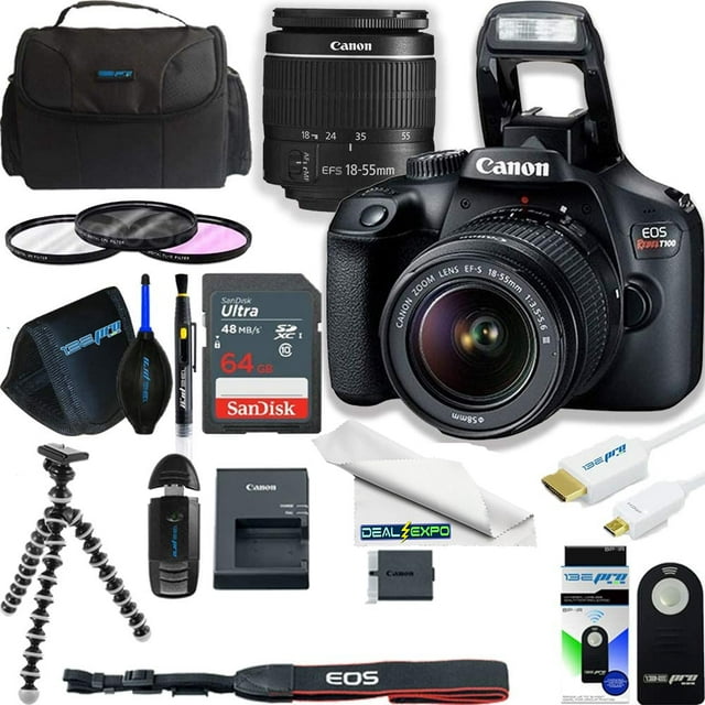Canon EOS Rebel T100 Digital SLR Camera with 18-55mm Lens Kit +  Deal - expo Essential Accessories Bundle
