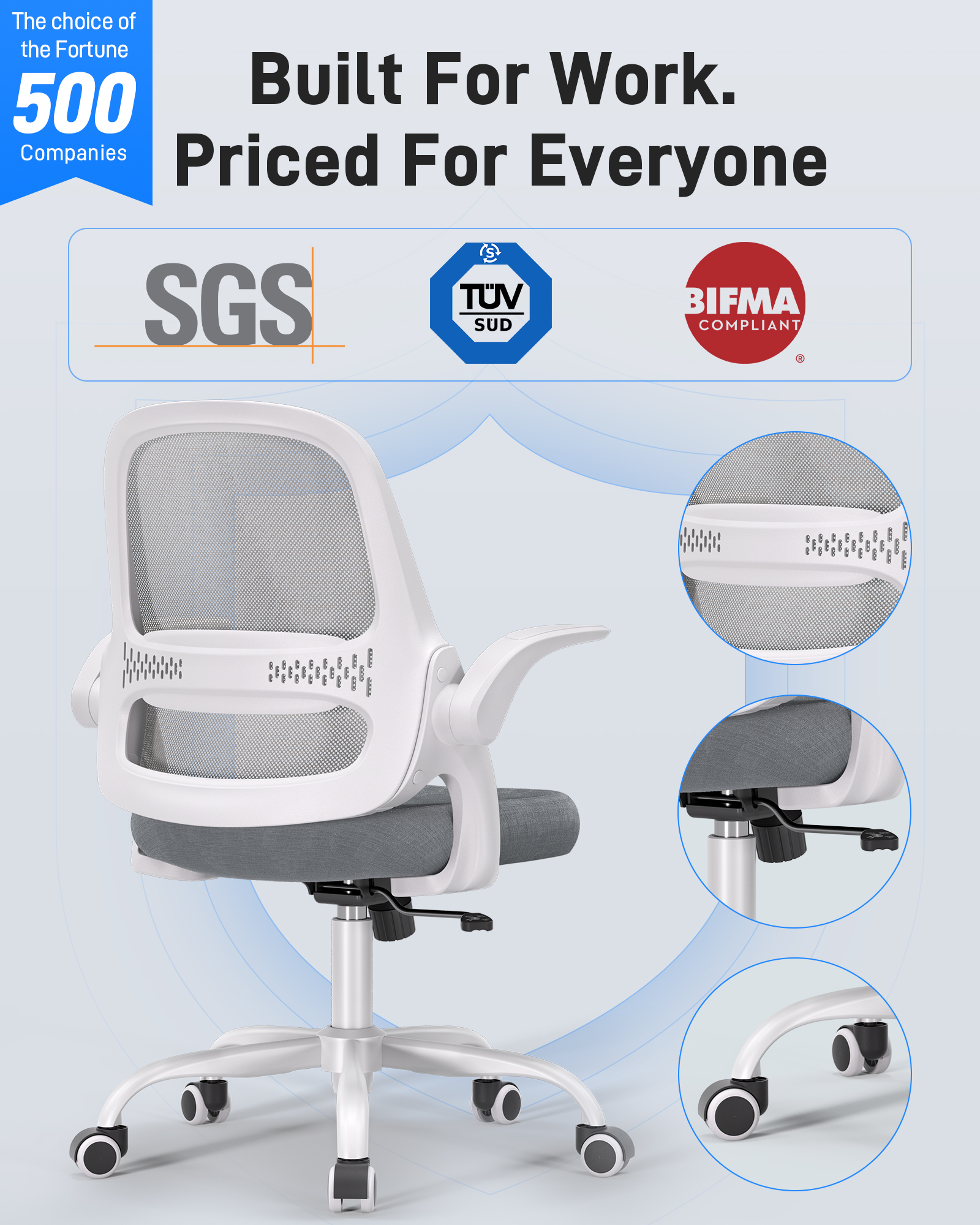 TMV Ergonomic Office Chair, Mesh Computer Chair with Wide Seat & Arms - Rolling Desk Chair with Wheels for Home Office, Gaming, or Living Room，Grey