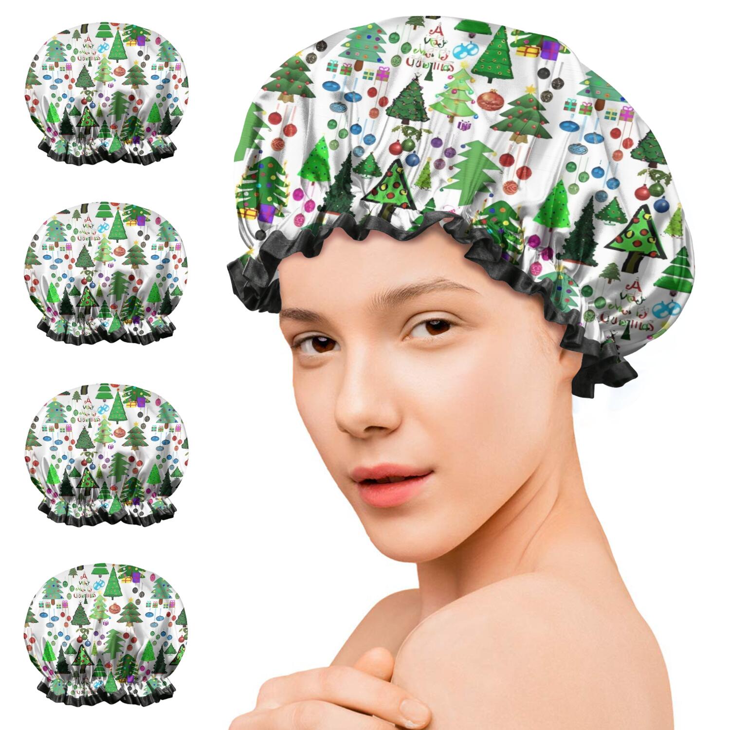 Shower Caps,Multicolor Christmas Tree Pattern Waterproof Shower Cap for Women 4 Pieces,Double Reusable Hair Cover for Shower PEVA Elastic Stretch Hem
