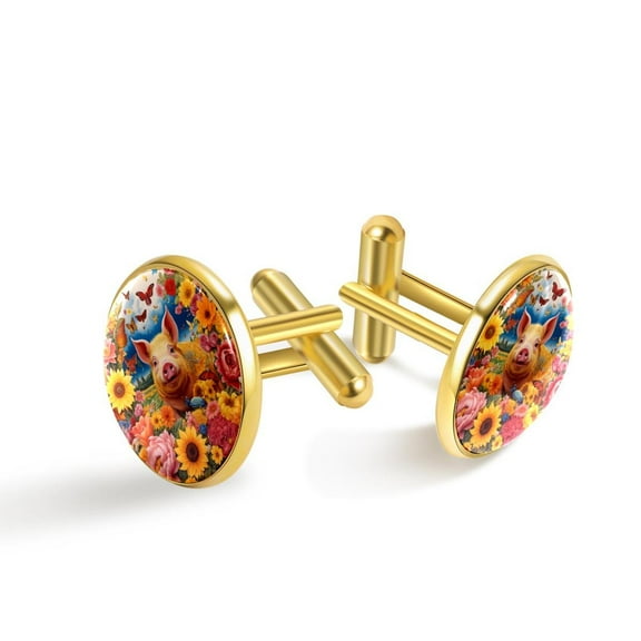 PhooArto Men's Classic Stainless Steel, Spring Flowers Pig Butterflies Cufflinks Business Wedding Shirts, Golden