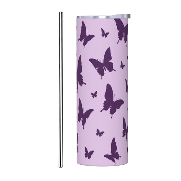 20oz Purple Butterfly Tumbler Insulated Car Cup Lavender Travel Coffee Cup Gift for Women with Stainless Steel Straw