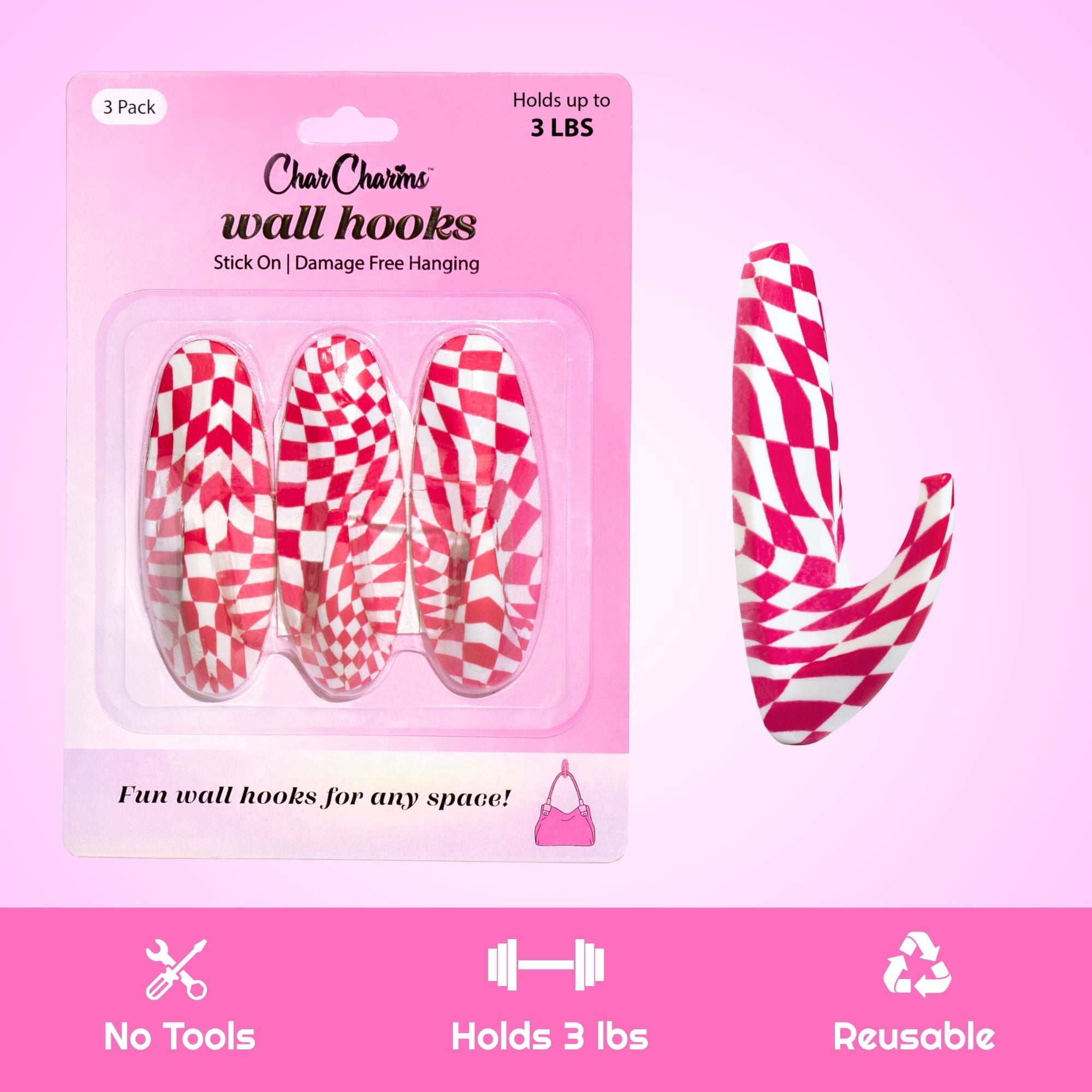 CharCharms Pink Checker Wall Hooks 3-Pack | Stick On Adhesive Decorative Hooks for Damage Free Hanging | Removable Wall Hooks for Dorm Rooms | Keys, Hats, Bags | Hold 3 lbs Each
