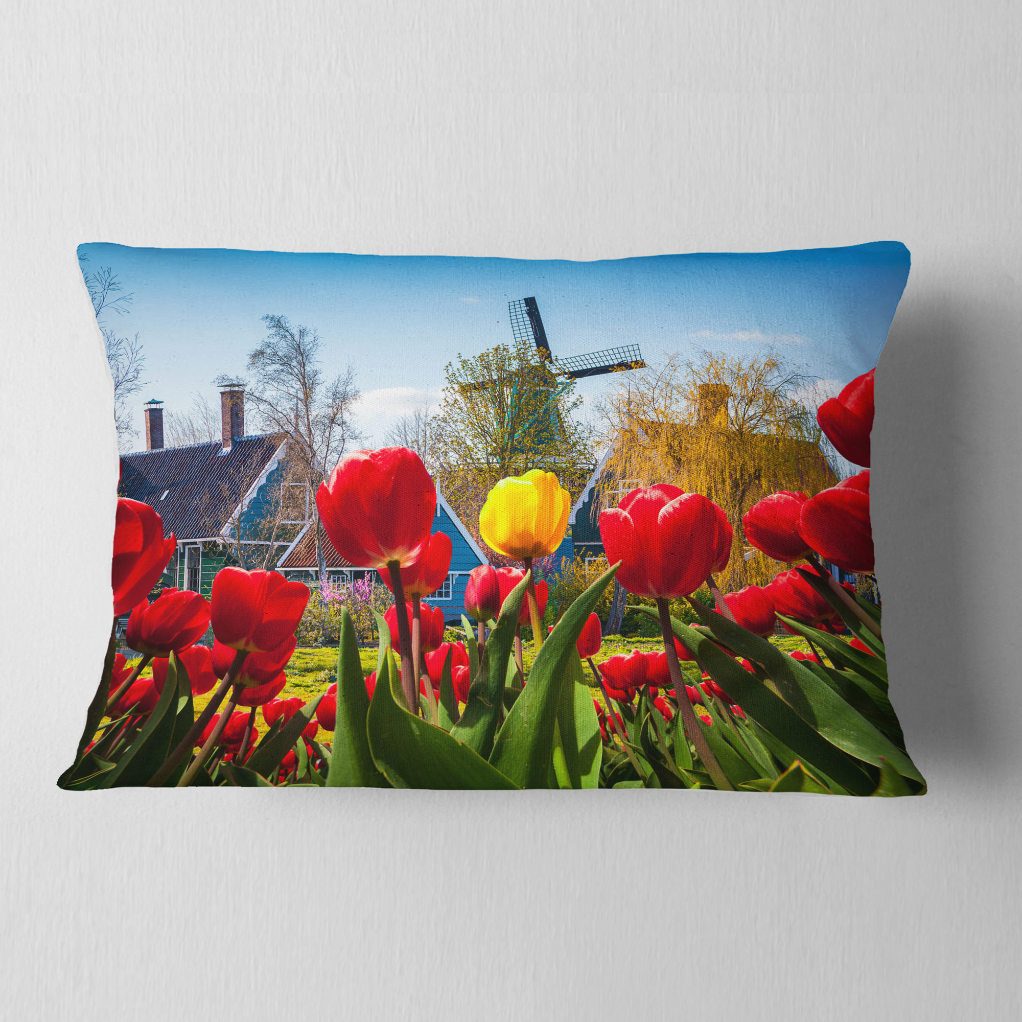 Designart Tulips in the Netherlands Village - Floral Throw Pillow - 12x20