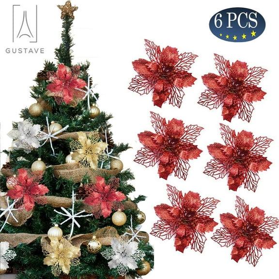 Gustave 6/12 PCS Christmas Glitter Hollow Artificial Flower Xmas Tree Ornaments 6.3inches Simulation Flower Festival Party Wedding Decor "Red, 6pcs"