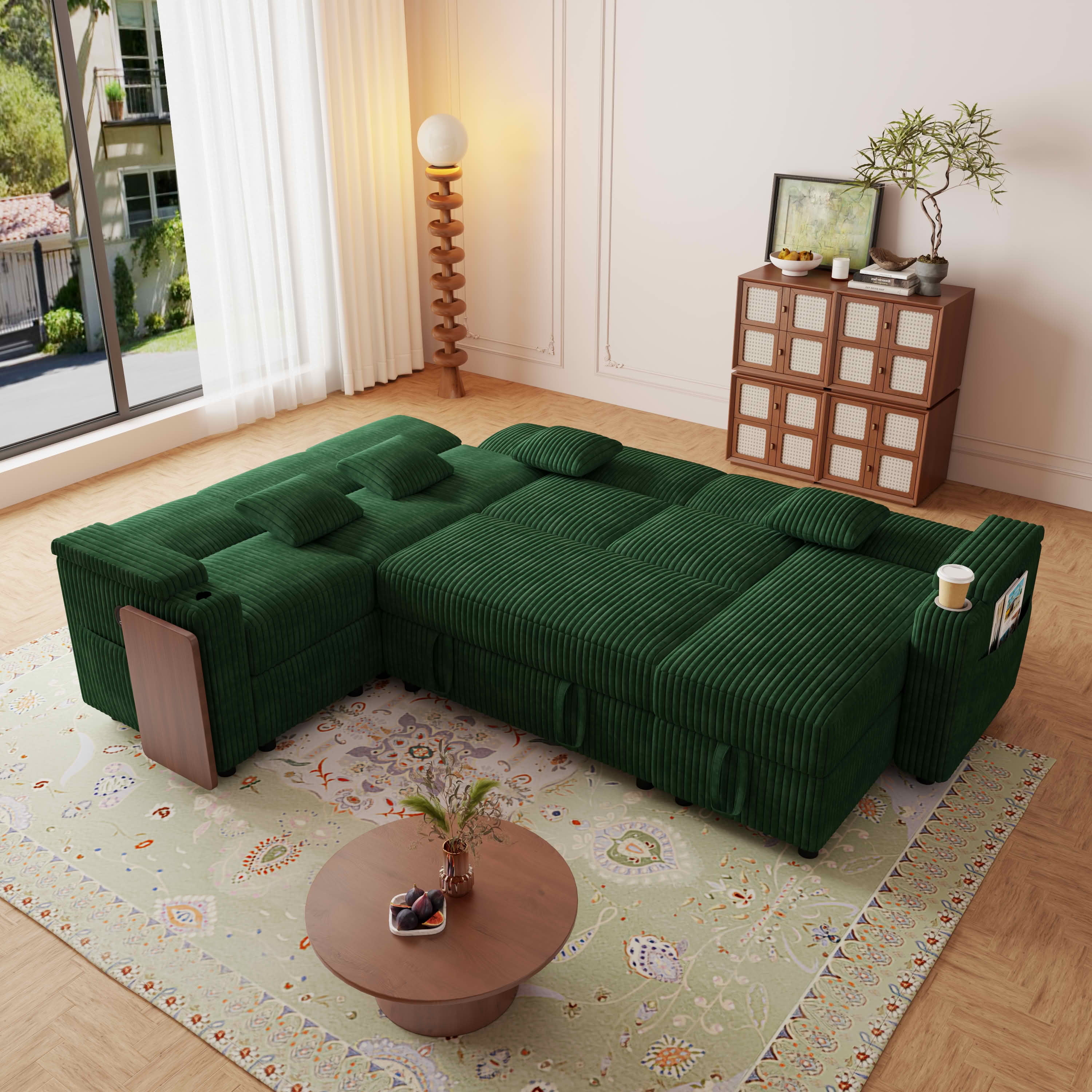 MAYEERTY 100-Inch Green Corduroy 7-Seat U-Shaped Pull-Out Sofa Bed, Modular Sectional Couch with USB Ports, Cup Holder & Storage