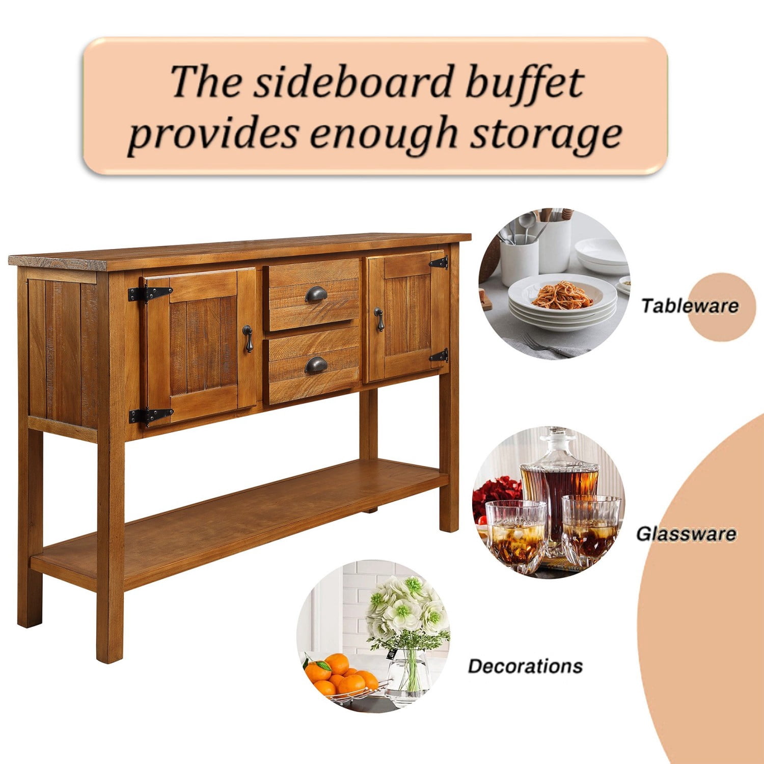 46.5" Solid Wood Sideboard Buffet Cabinet with 2 Drawers, 2 Doors and Bottom Shelf, Retro Console Table Storage Cabinet for Kitchen Dining Room Living Room, Brown