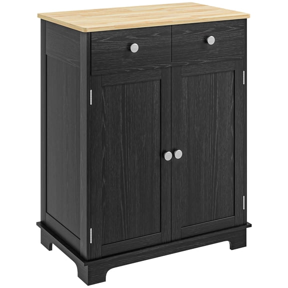Distressed Black Kitchen Island Sideboard - Solid Wood Countertop, 2 Drawers, Doors, Adjustable Shelf For Storage