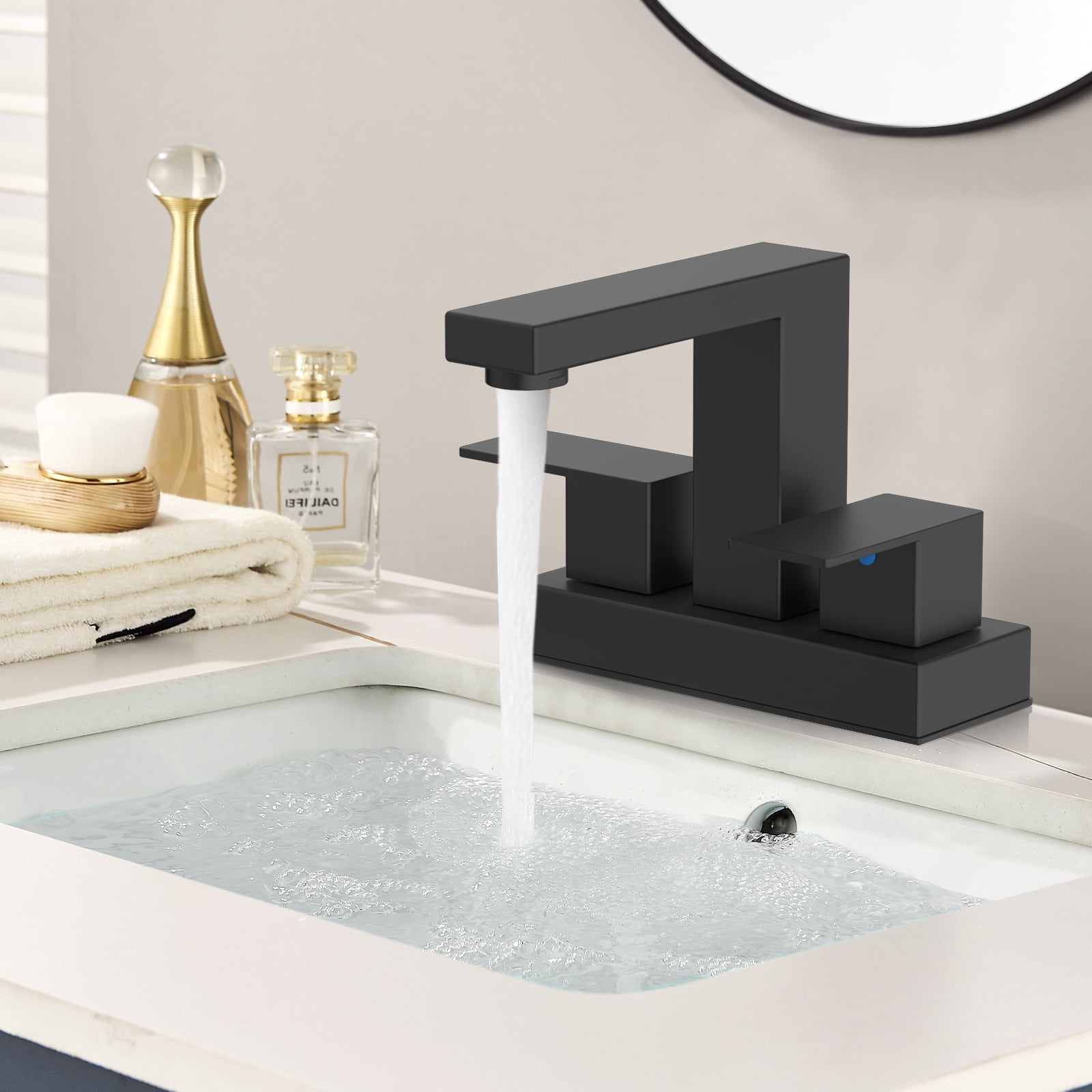 KINGTACK Bathroom Faucets, 4 Inch Matte Black Bathroom Faucets for Sink 3 Hole, 2 Handle Bathroom Sink Faucets with Pop-up Drain and Supply Lines