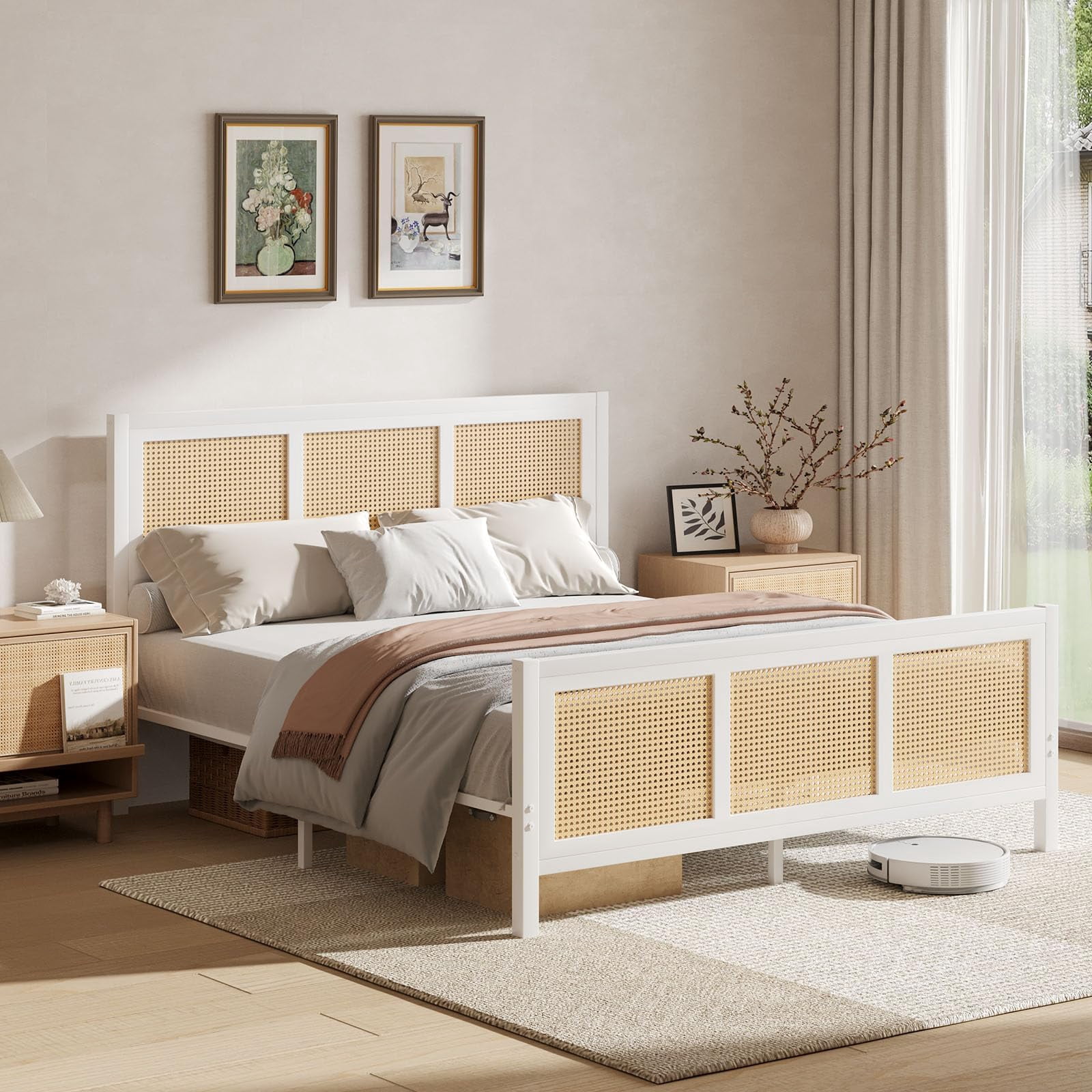 4 EVER WINNER King Bed Frame, Queen Size Bed Frame with Natural Rattan Headboard and Footboard, Rattan Bed Frame for Bedroom, No Box Spring Needed, White