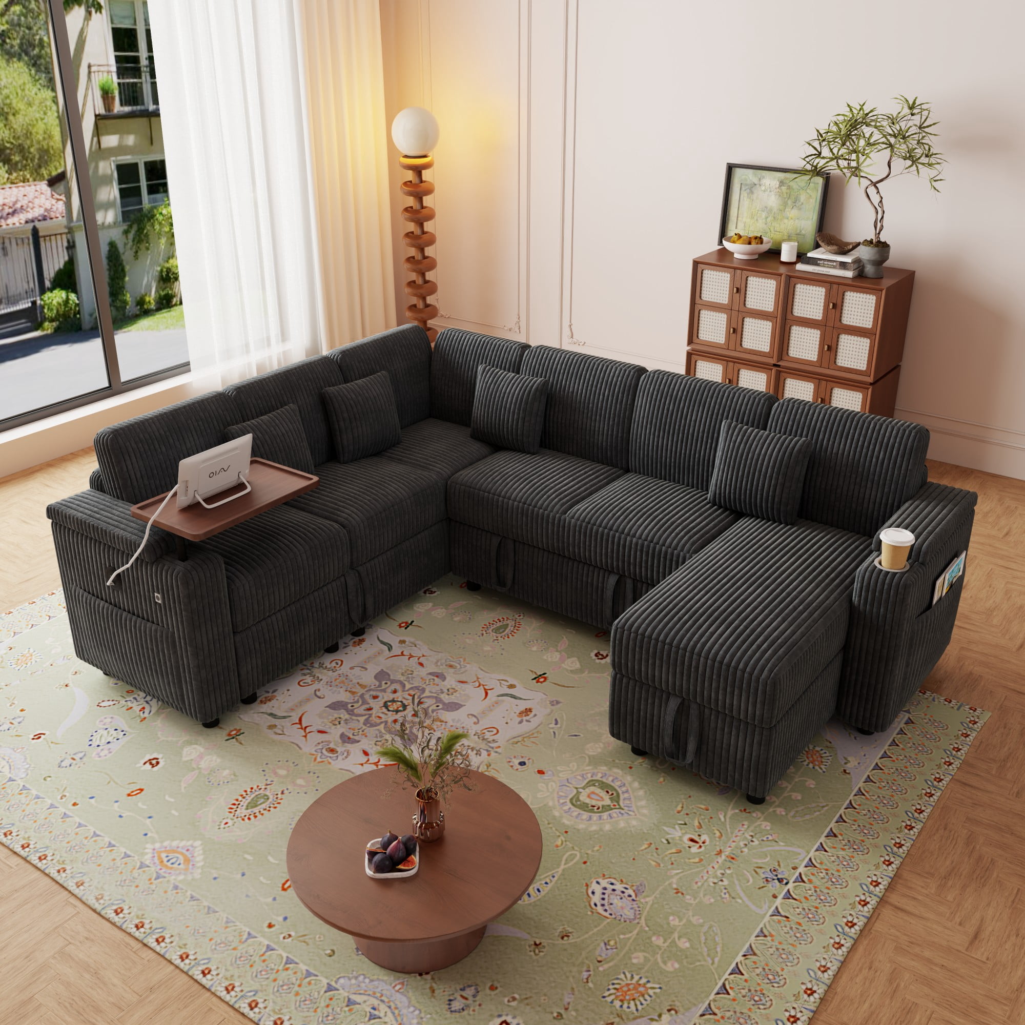 BSHTI 100" Corduroy U‑Shaped Convertible Pull‑Out Sofa Bed with USB Ports, Desk & Cup Holder for Living Room,(Dark Gray)