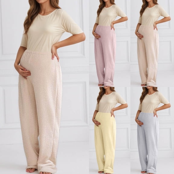 Letdown Women Maternity_Sleep Pants High Waisted Thermal Wear Soft Pajamas Pant with Belly Support, Winter Indoor Outfit Stretchy Cozy Pajama Bottoms (Beige-01,L)