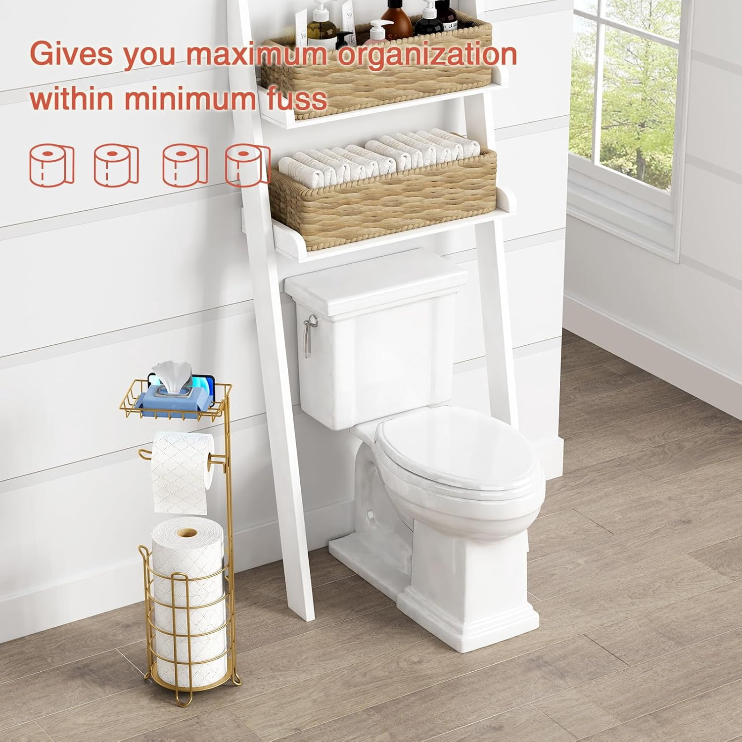 Gold Free Standing Toilet Paper Holder Stand with Phone Shelf, Floor Bathroom Tissue Holder for Large Mega Rolls, Metal Freestanding Toilet Paper Roll Holder with Wipes Storage Tray