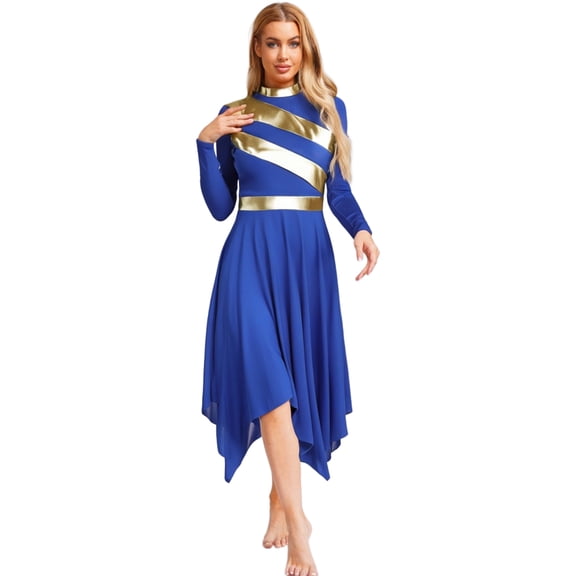Hansber Women's Praise Dance Dress Metallic Patchwork Worship Tunic Irregular Hem Lyrical Dancewear Garment Royal Blue L
