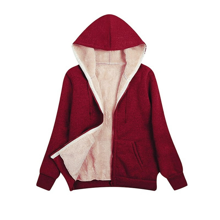 Womens Winter Jacket Plus Size Thicken Solid Color Full Zip Up Sherpa Fleece  Lined Warm Hoodie Sweatshirt Outwear Hooded Coats 