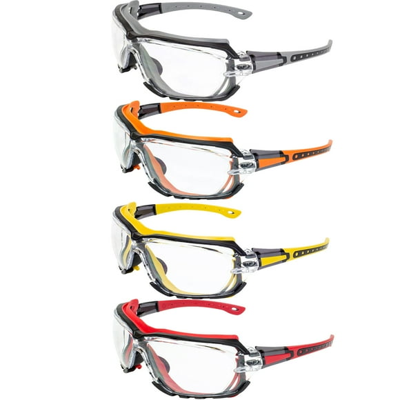 4 Pairs Global Vision Octane Safety Glasses Grey Orange Yellow and Red Gaskets Clear Lens