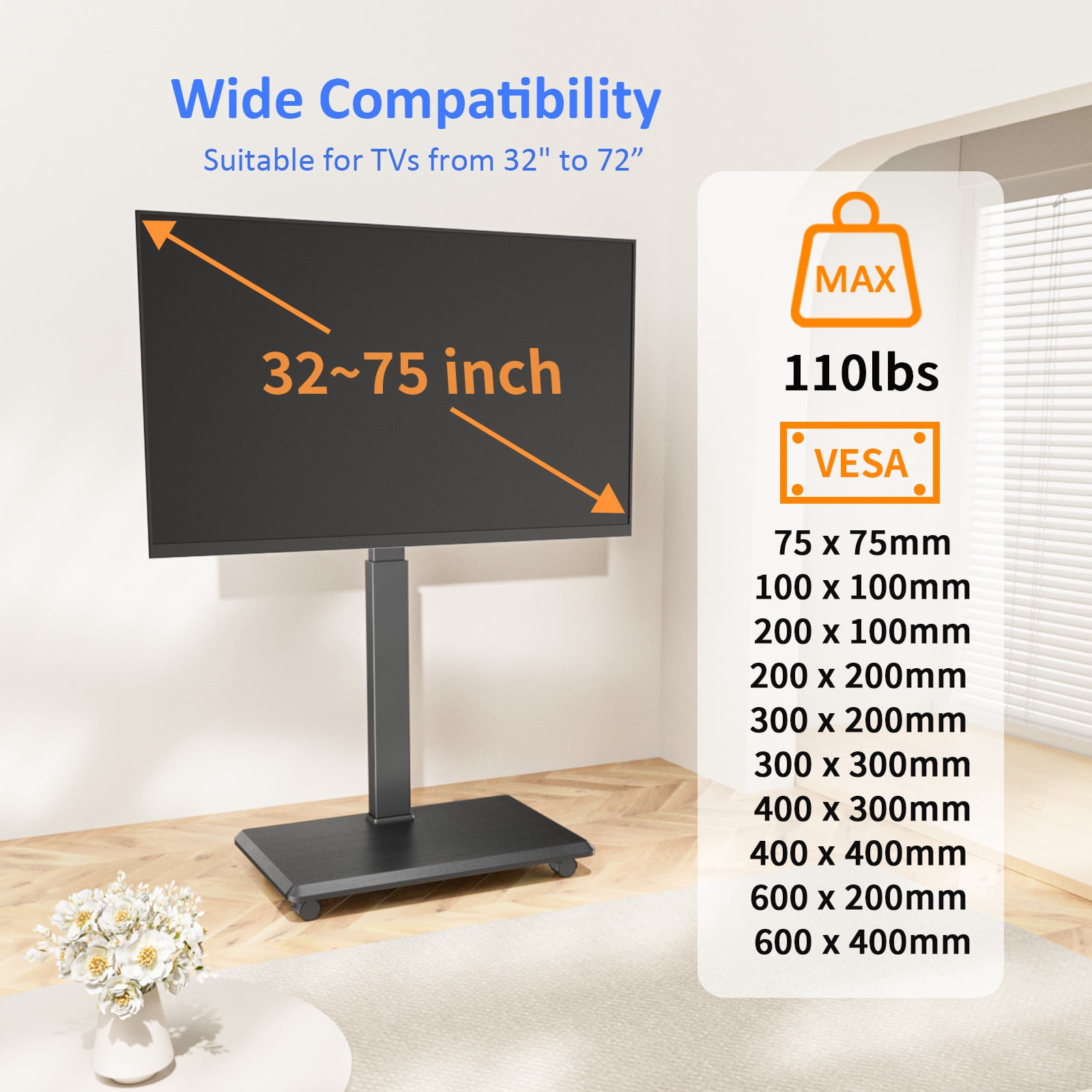 Rolling TV Stand, Portable Mobile TV Stand for 32-75 Inch TVs up to 110 lbs, 18 Adjustable Heights, Max VESA 600x400mm, Rolling TV Cart on Wheels with Mount for Bedroom, Office, Outdoor