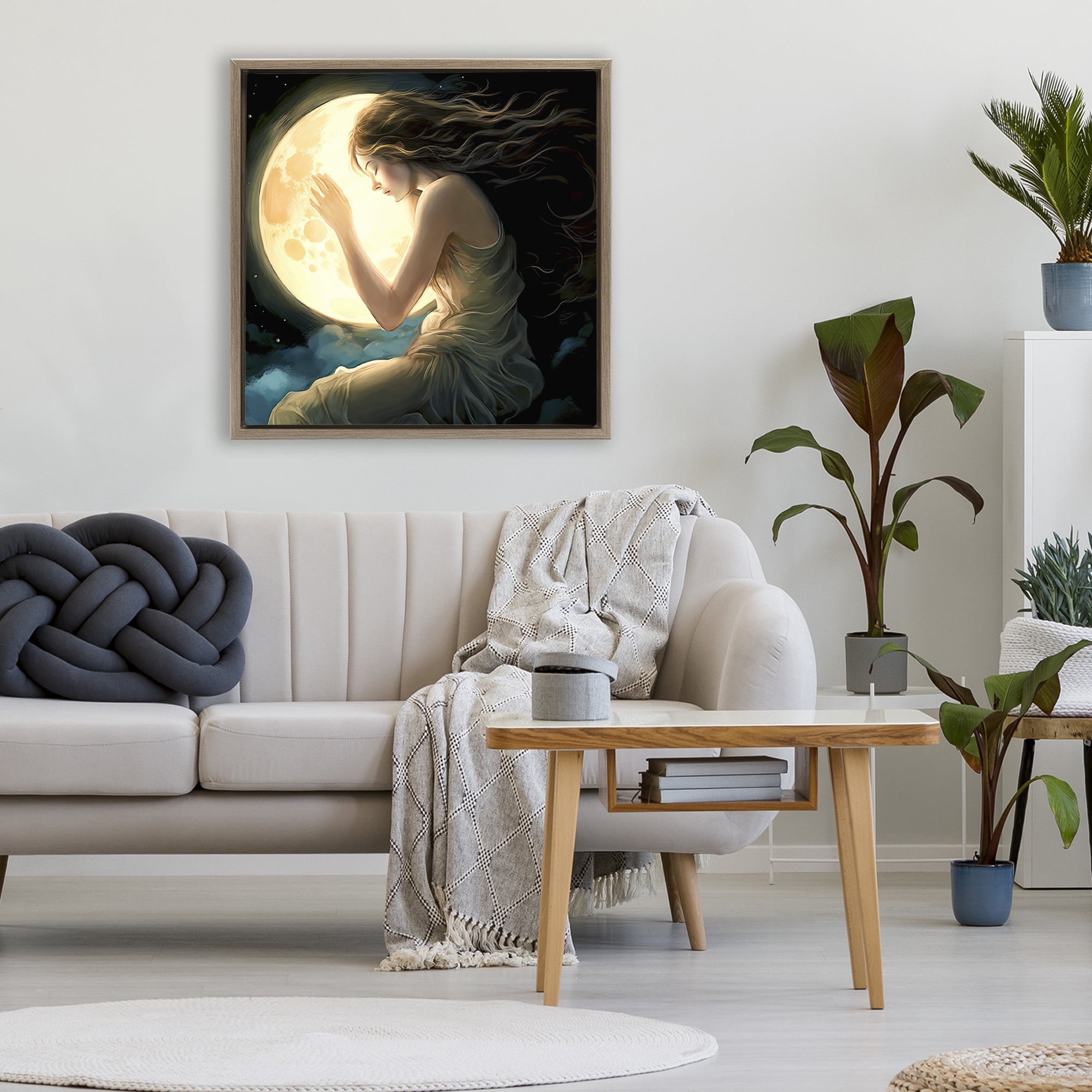 Ethereal Moon Love Brown Framed Floater Canvas Wall Art, design by Sasha
