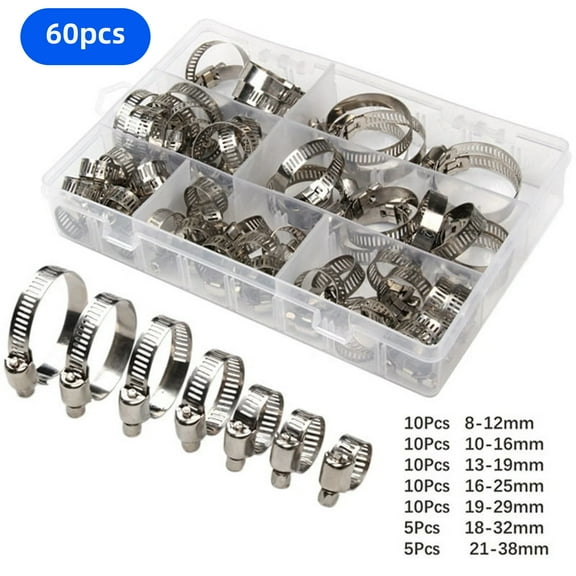 60pcs Boxed 201 Stainless Steel/Heavy-Duty Hose Clamps - 8-38mm Adjustable Pipe Clamps Set