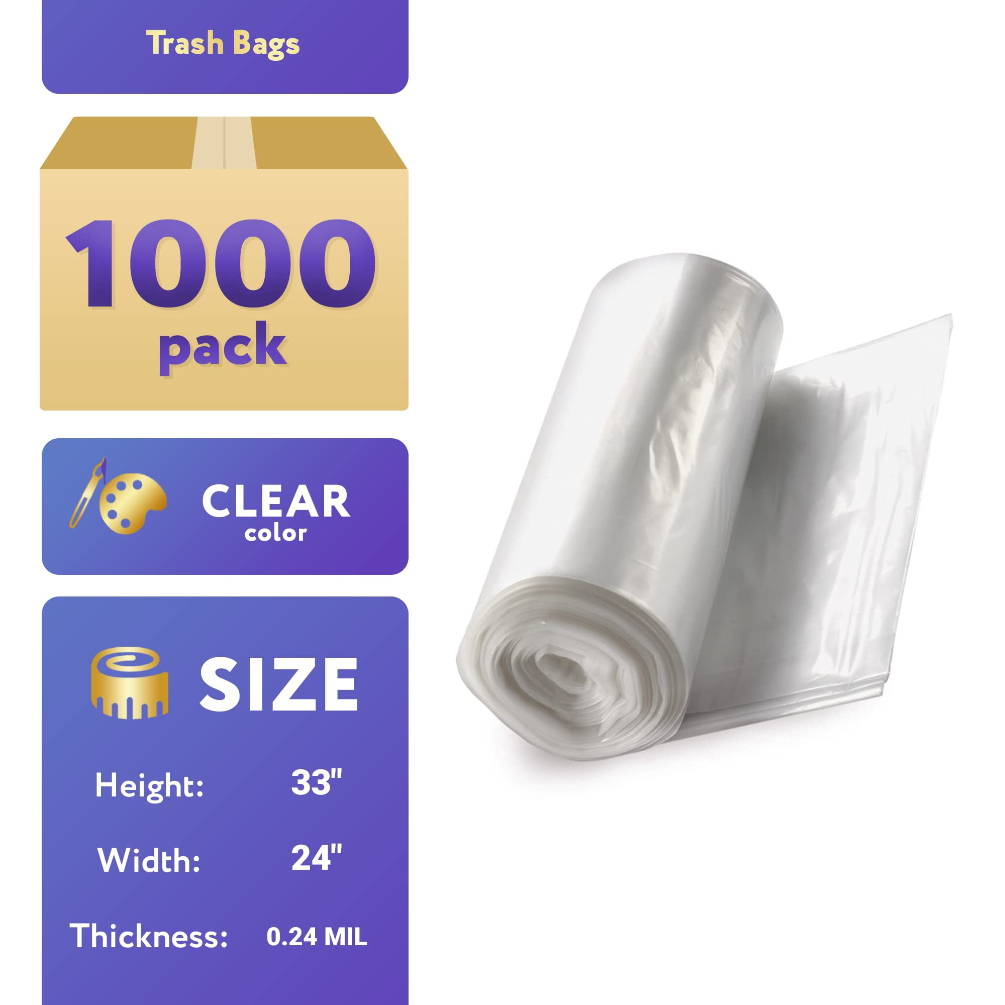 Clear Trash Can Liners, Polyethylene Leakproof Waste Bags, 1000 Count, 24 x 33 in