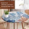 thumbnail image 3 of Blue Coastal Jellyfish Round Tablecloth 45-54 Inch Round Fitted Table Cloth with Elastic Edge, Nautical Starfish Coral Wooden Grain Waterproof Table Cover Protector for Outdoor Picnic Party Dining, 3 of 9