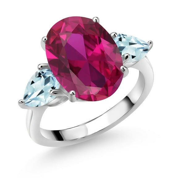 Gem Stone King 925 Sterling Silver Red Created Ruby and Sky Blue Aquamarine Ring for Women (4.30 Cttw, 14X10MM Oval and 7X5MM Pear Shape, Gemstone July Birthstone, Size 9)