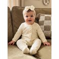 thumbnail image 6 of RUINIXCW Newborn Baby Girl Spring Fall Winter Clothes Outfit Knitted Footed Romper Long Sleeve Crew Neck Frills Zipped Footie Jumpsuit and Headband, 6 of 9