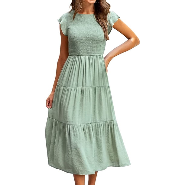 VISgogo Vestido de verano de color sólido para mujer, cuello redondo, manga corta con mosca, falda plisada en el pecho, falda para pastel VISgogo moda