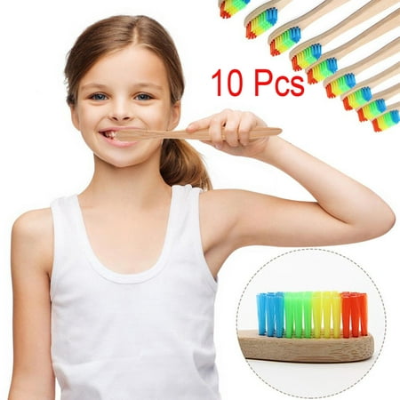 10Pcs Eco-Friendly Rainbow Bamboo Soft Fibre Toothbrush Biodegradable Teeth