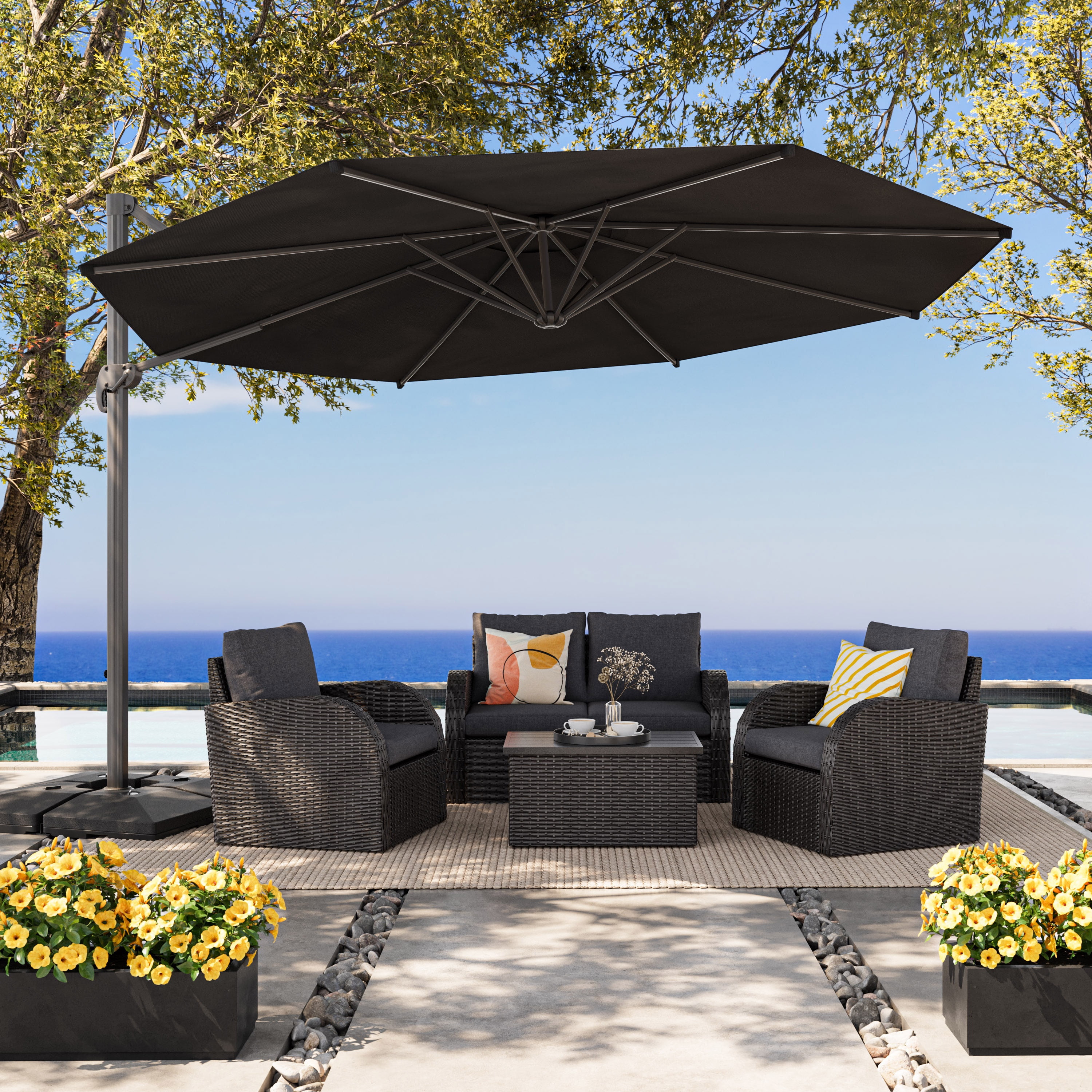 CorLiving 11.5ft Deluxe Durable Canopy Offset Titling & Rotating Patio Umbrella with Aluminum Frame