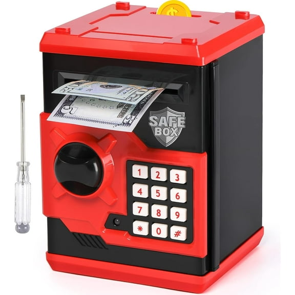 ATM Piggy Bank for Boys Girls, Mini ATM Coin Bank Money Saving Box with Password, Kids Safe Money Jar for Adults with Auto Grab Bill Slot, Great Gift Toy Bank for Kids (Red Black)